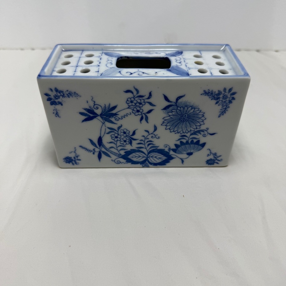 Flower Frog Blue White Floral Ceramic Brick Vase Chinoiserie